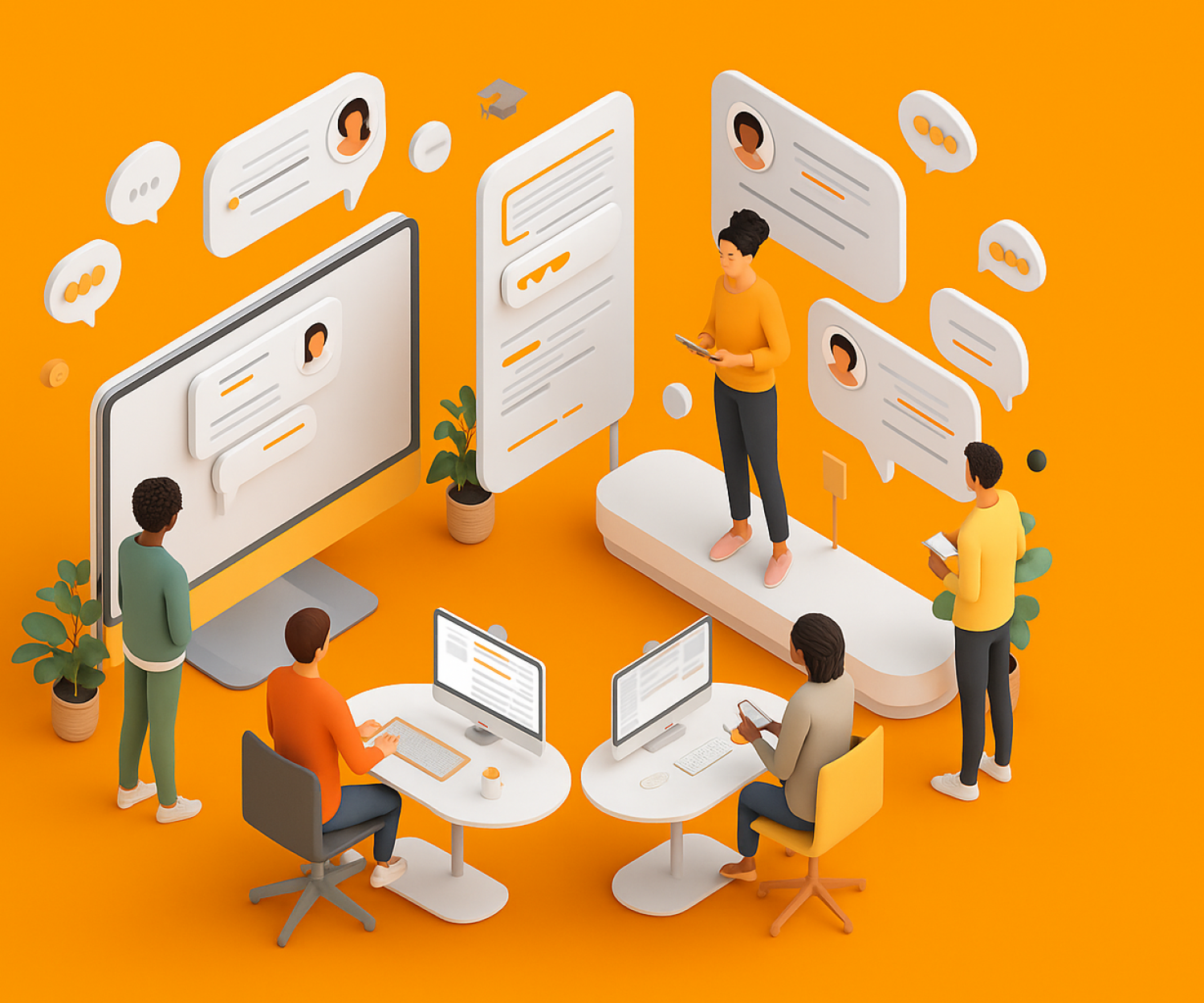 Illustration einer digitalen Feedback-Situation in der Inhouse Schulung mit Mitarbeitenden an Bildschirmen und in Interaktion