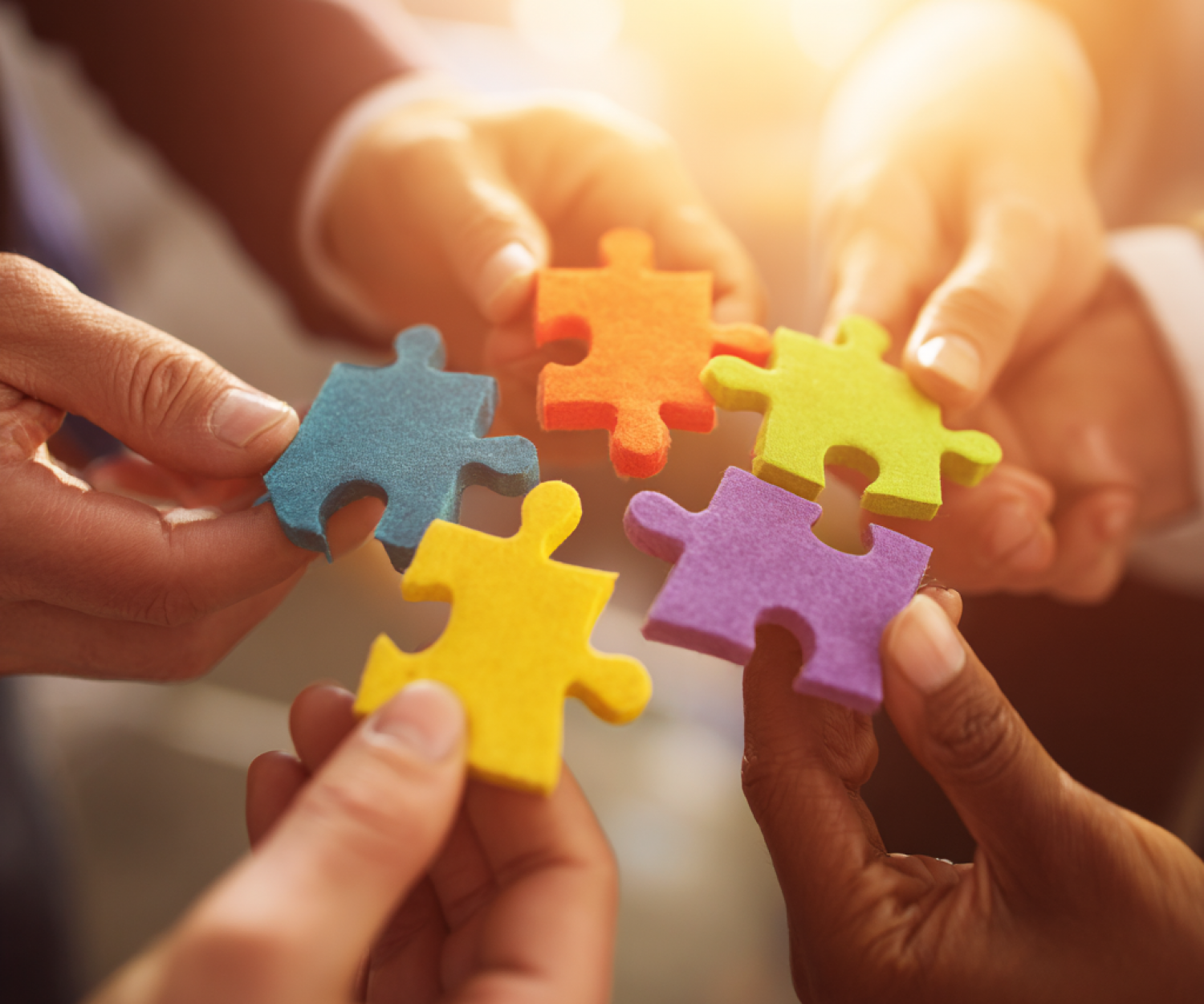 Mehrere Hände verbinden bunte Puzzlestücke als Symbol für Vielfalt und inclusive Leadership im Seminar