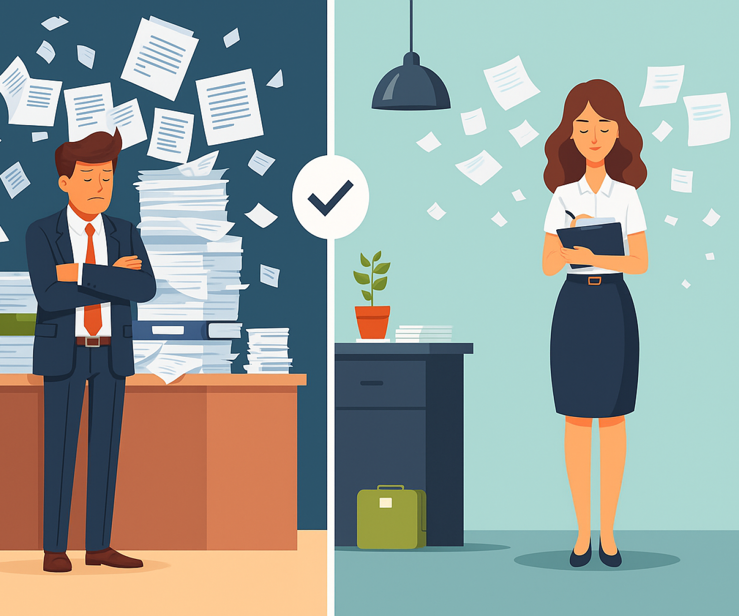 Illustration mit zwei Büroszenen: links ein überlasteter Mitarbeiter mit Papierchaos, rechts eine organisierte Mitarbeiterin – Symbolbild für mehr Effizienz durch Inhouse Consulting