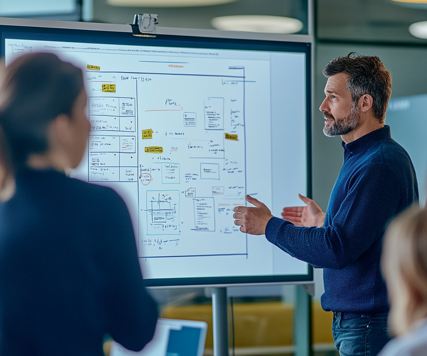 KI Berater erklärt Prozessdiagramm auf digitalem Whiteboard in einem Workshop – Symbolbild für strukturierte Prozessanalyse im Inhouse Consulting